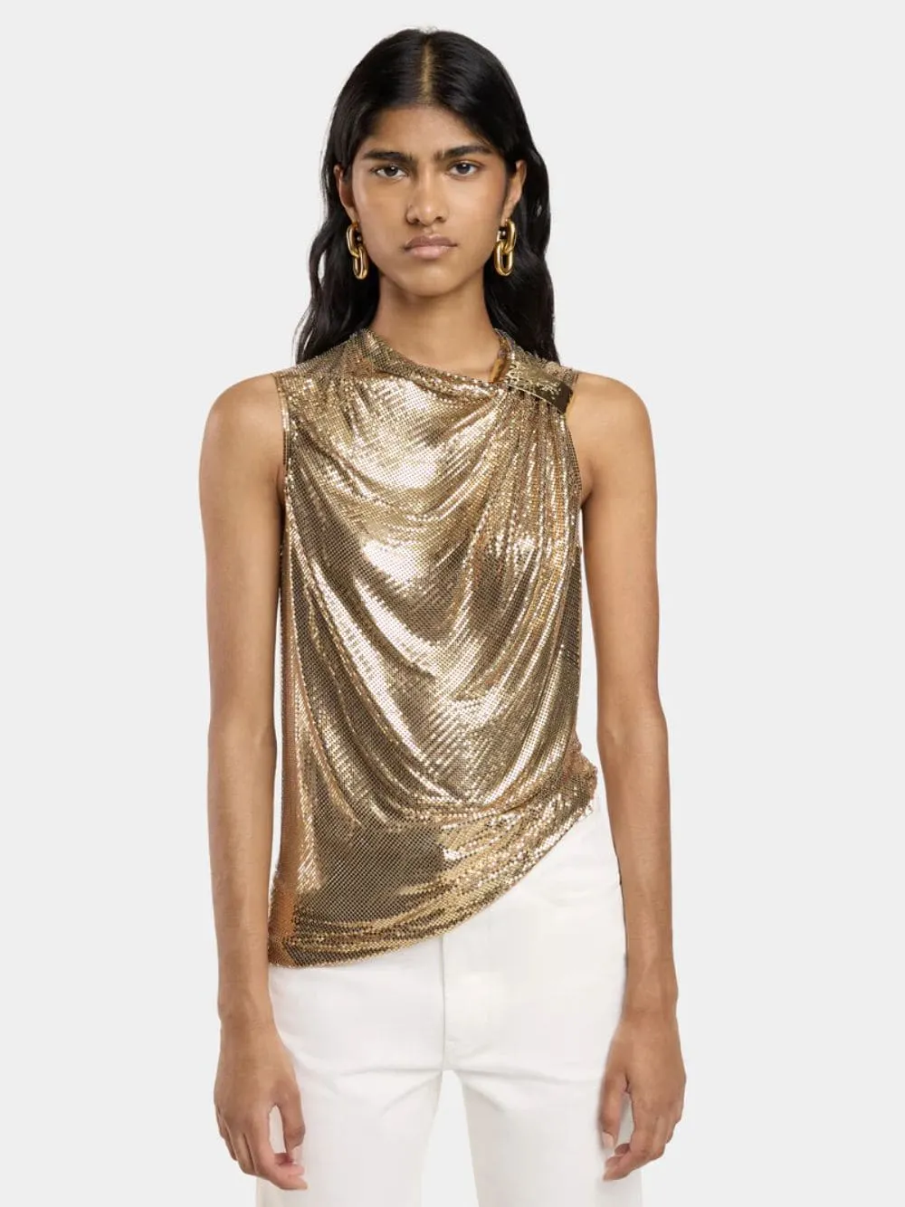 Asymmetrical Draped Gold Mesh Top sold by Fashion Clinic