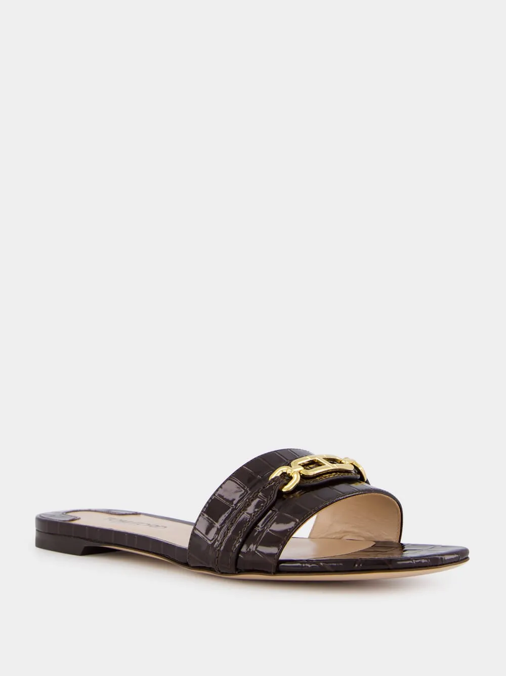 Brown Glossy Crocodile Stamped Leather Slides sold by Fashion Clinic product image thumbnail 2