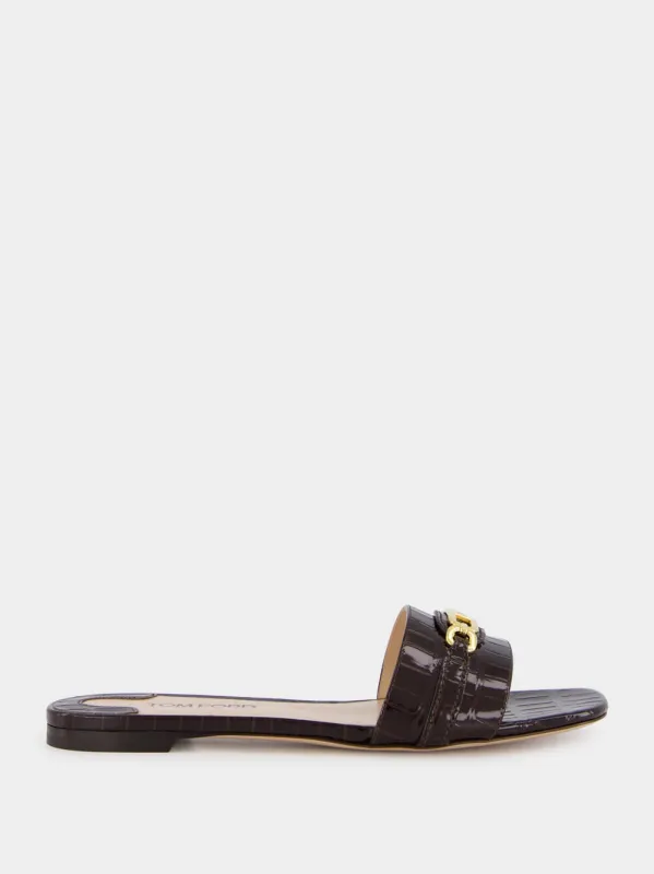 Brown Glossy Crocodile Stamped Leather Slides sold by Fashion Clinic