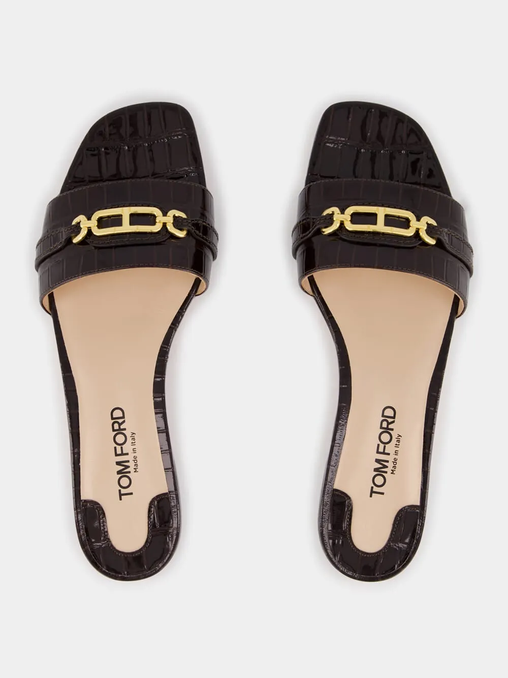 Brown Glossy Crocodile Stamped Leather Slides sold by Fashion Clinic product image thumbnail 4