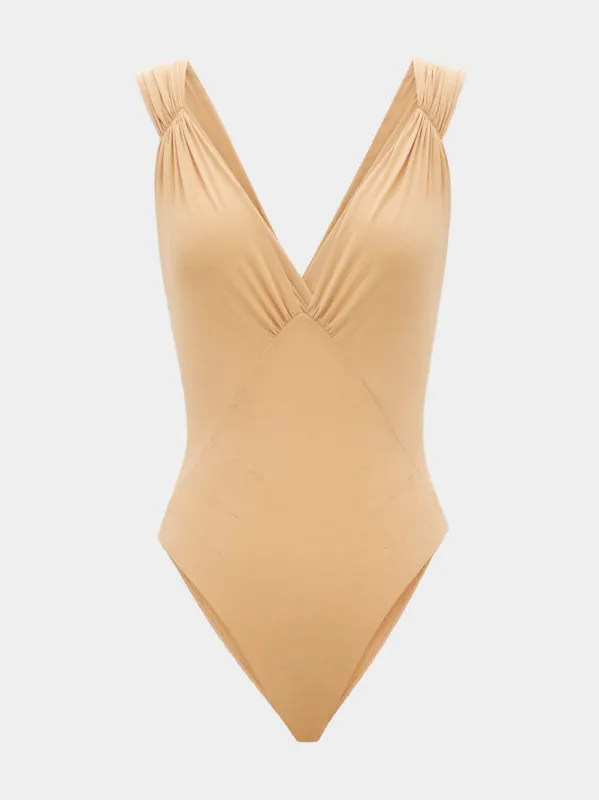 Beige Silk Muslin Cross-Back Bodysuit sold by Fashion Clinic