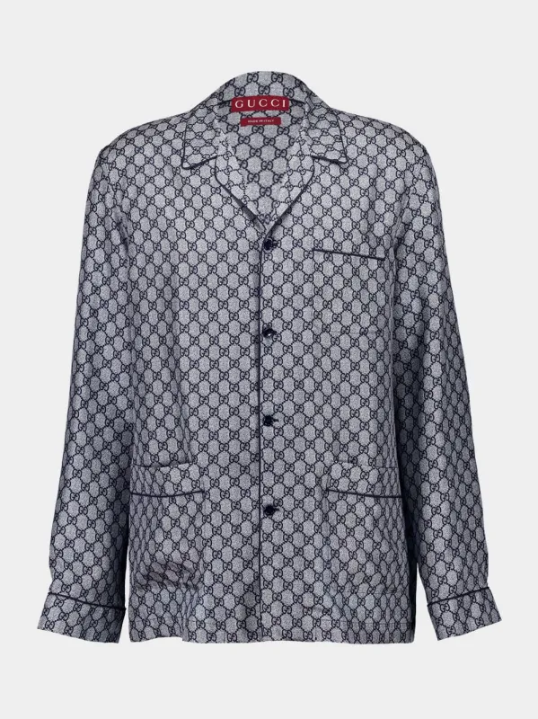Navy GG Print Silk Shirt sold by Fashion Clinic