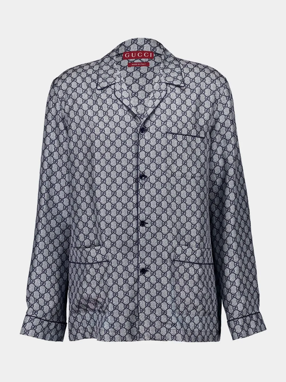 Navy GG Print Silk Shirt sold by Fashion Clinic