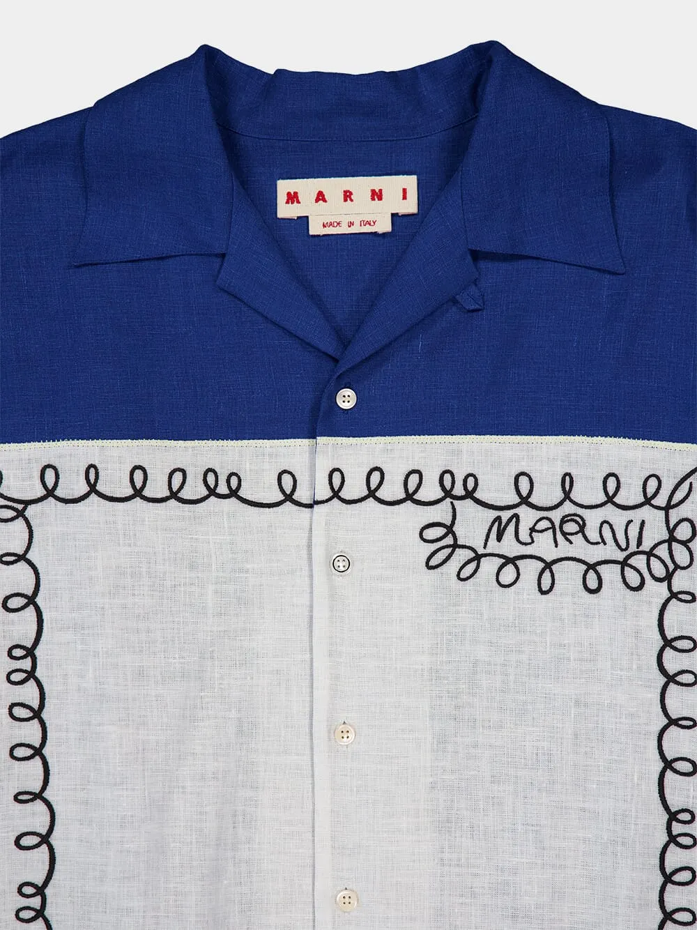 Blue Linen Bowling Shirt with Embroidered Inlay sold by Fashion Clinic product image thumbnail 3