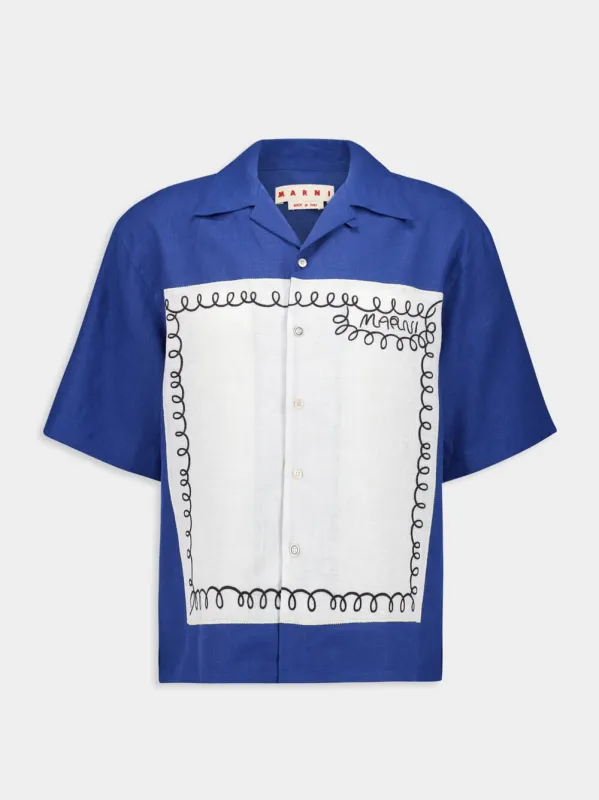Blue Linen Bowling Shirt with Embroidered Inlay sold by Fashion Clinic