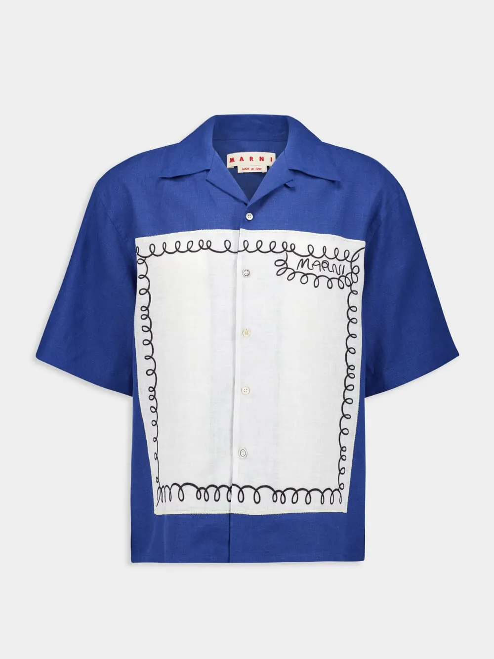Blue Linen Bowling Shirt with Embroidered Inlay sold by Fashion Clinic