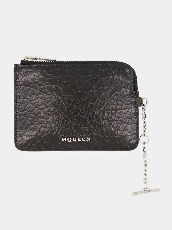Black Crackled Leather Zip Coin Pouch with Chain sold by Fashion Clinic