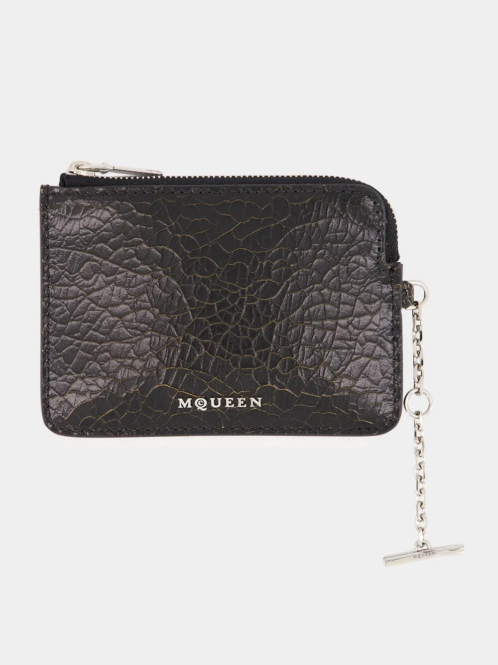 Black Crackled Leather Zip Coin Pouch with Chain sold by Fashion Clinic