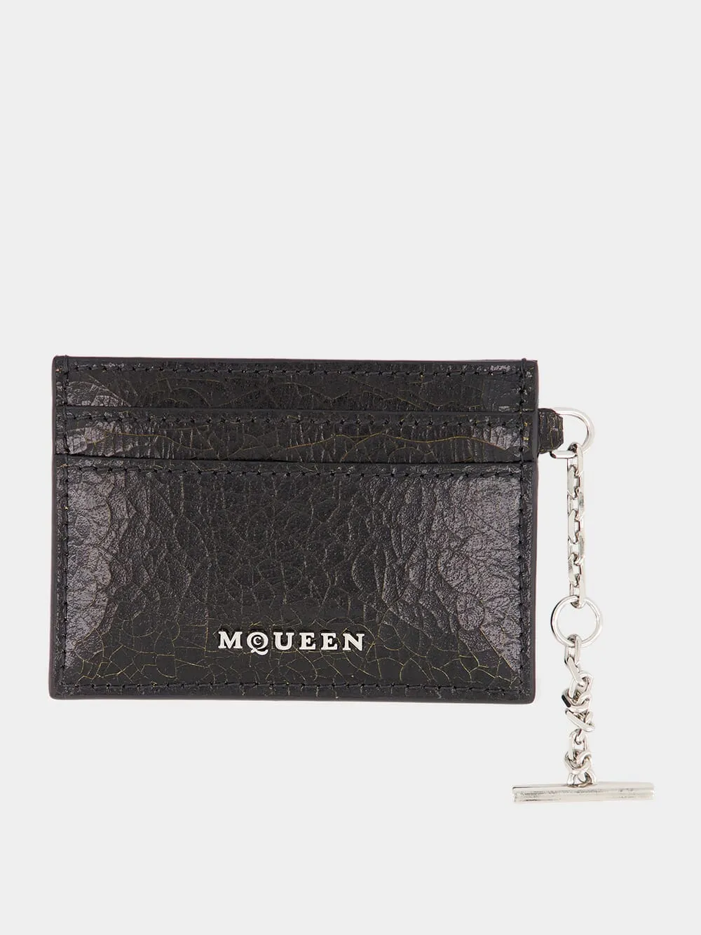 Black Crackled Leather Card Holder with Silver Chain sold by Fashion Clinic