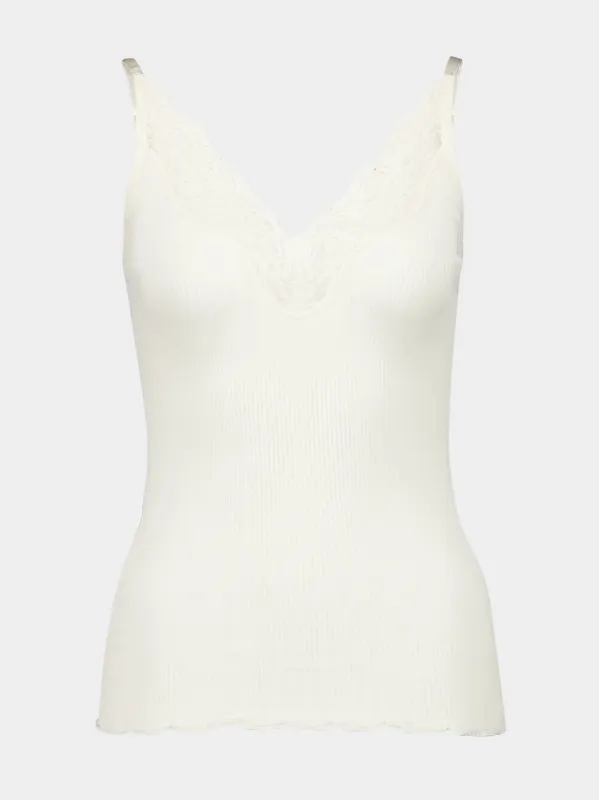 White Laced Ribbed Silk Tank Top sold by Fashion Clinic