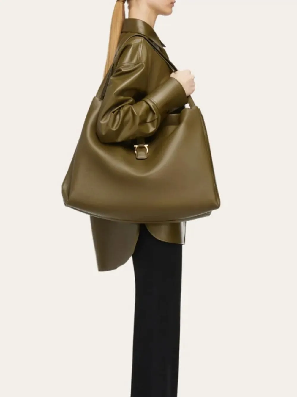 Olive Green Leather Tote Bag sold by Fashion Clinic