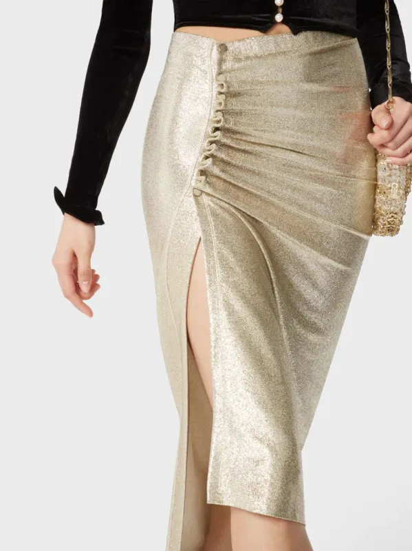 Gold Drapé Pression Slit Skirt sold by Fashion Clinic
