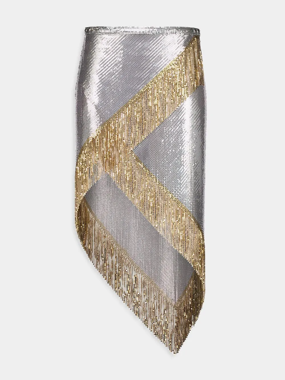 Asymmetrical Chainmail Skirt with Metallic Fringes sold by Fashion Clinic