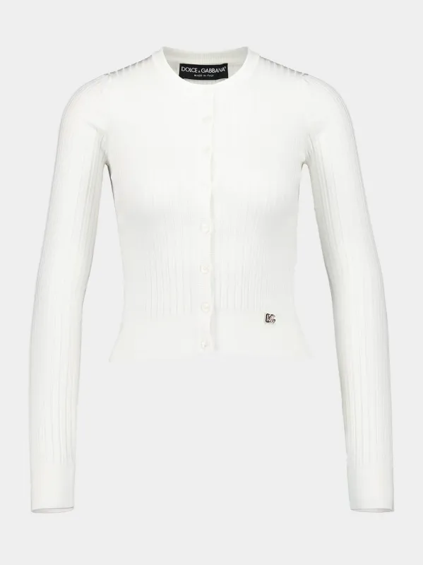 White Ribbed Viscose Sweater with Metal Logo Pin sold by Fashion Clinic