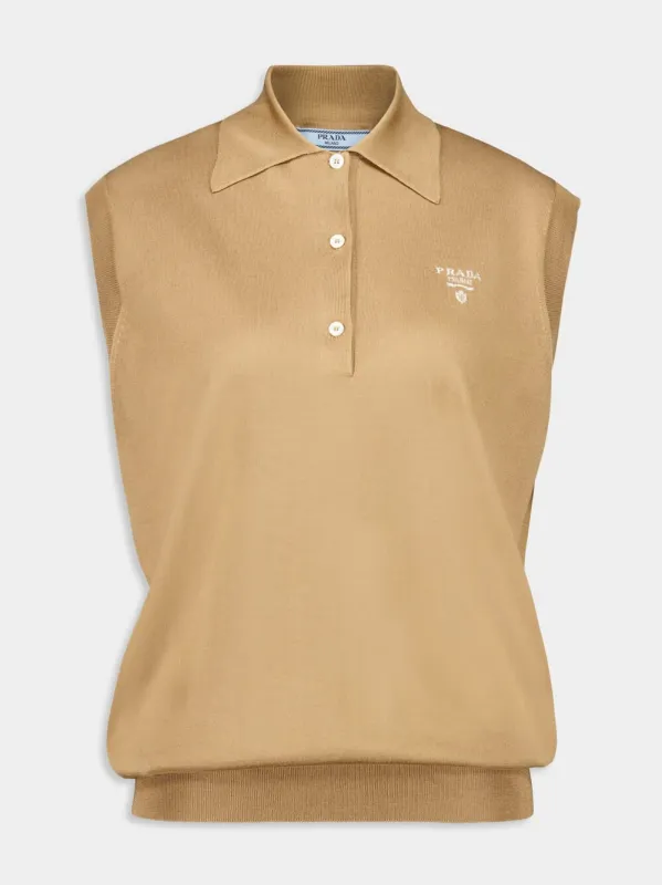 Camel Sleeveless Silk Polo sold by Fashion Clinic