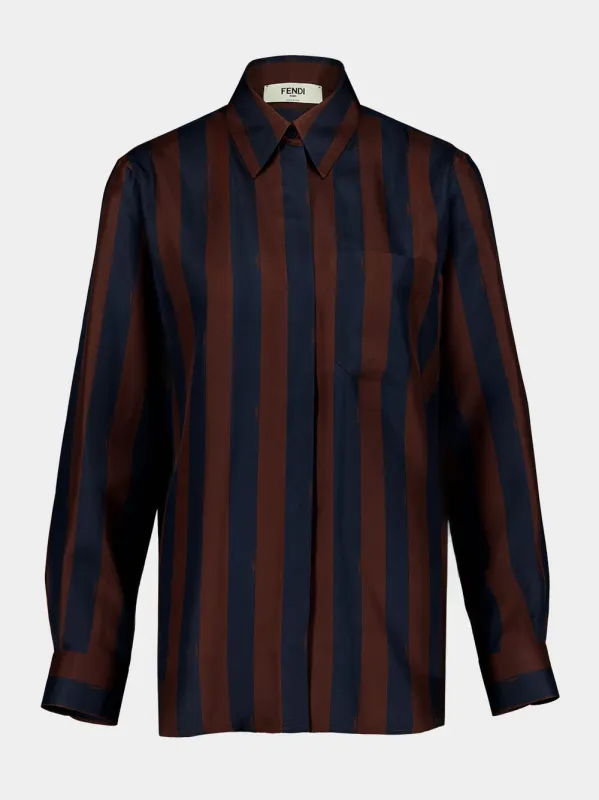 Brown and Navy Blue Pequin Silk Shirt sold by Fashion Clinic