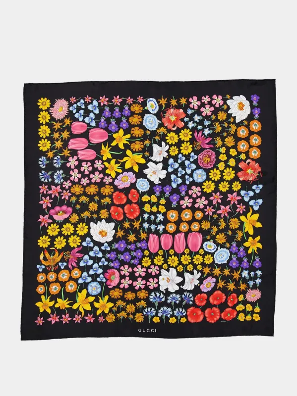 Floral Black Silk Twill Carré sold by Fashion Clinic