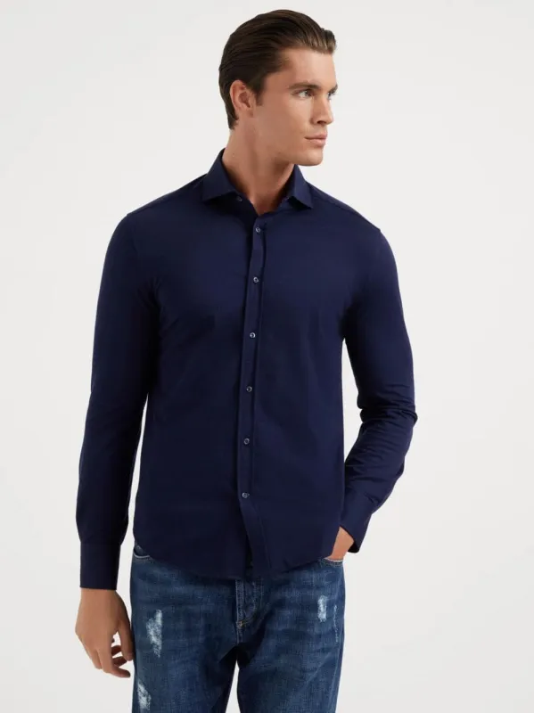 Navy Cotton Piqué Shirt made by Brunello Cucinelli