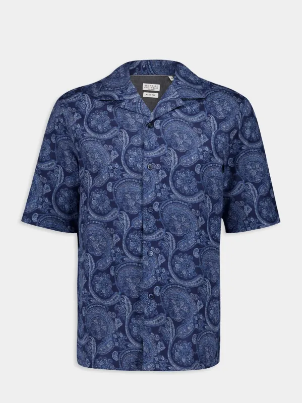 Marine Paisley Linen Camp Collar Shirt sold by Fashion Clinic