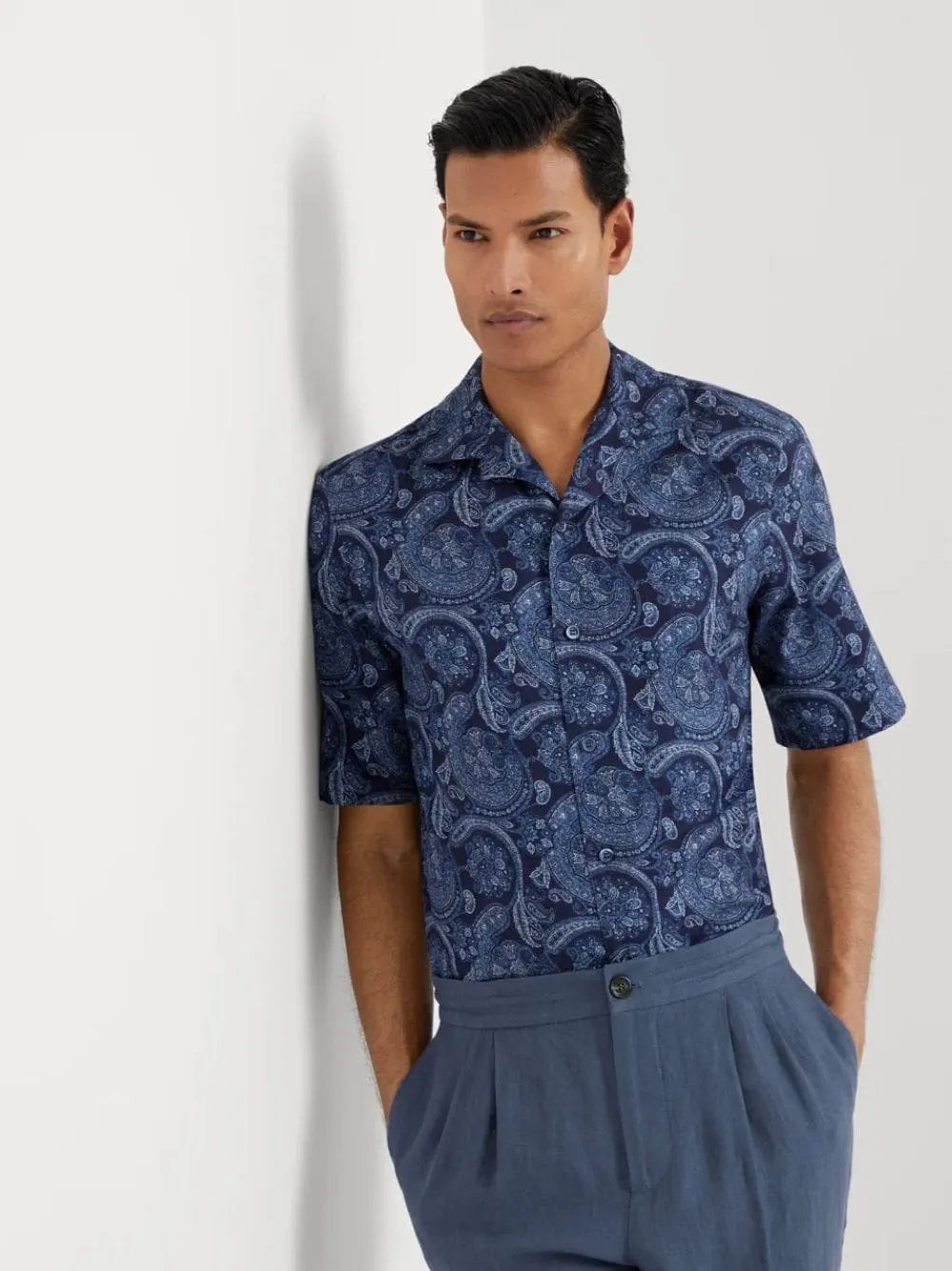 Marine Paisley Linen Camp Collar Shirt sold by Fashion Clinic product image thumbnail 2