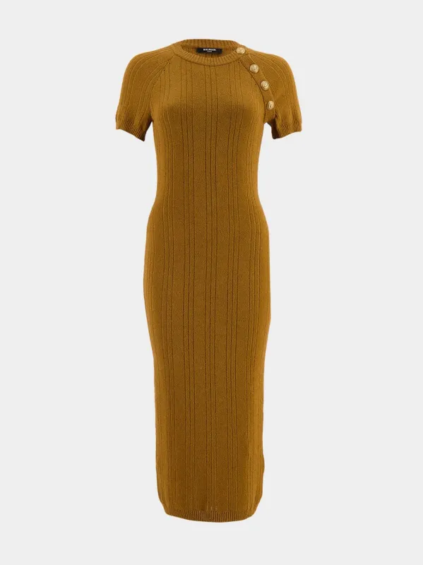 Camel Button-Embellished Midi Dress sold by Fashion Clinic