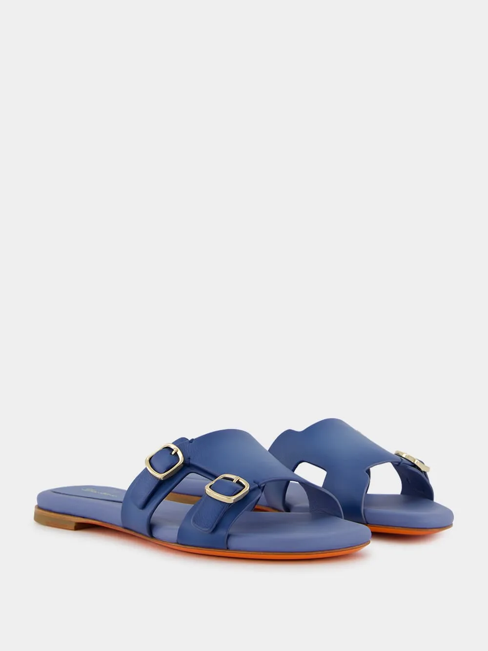 Double-Buckle Blue Leather Slides sold by Fashion Clinic product image thumbnail 3