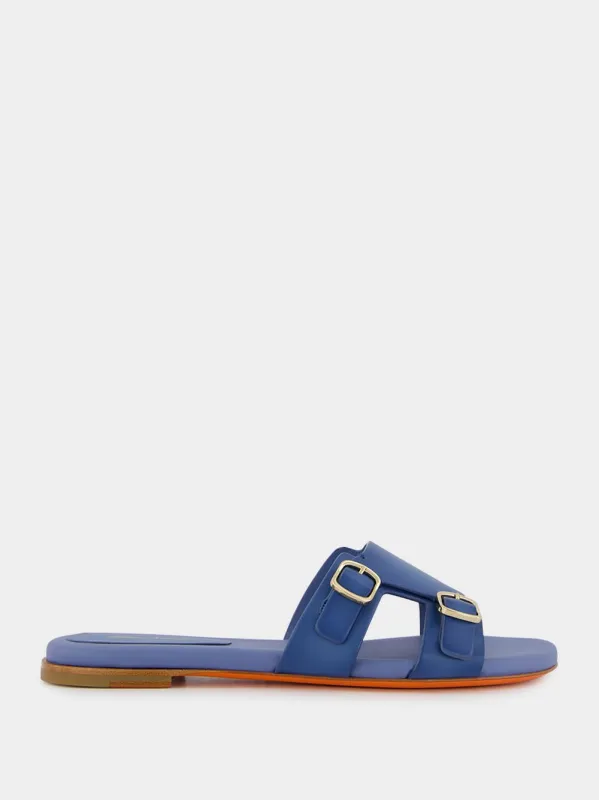 Double-Buckle Blue Leather Slides made by Santoni