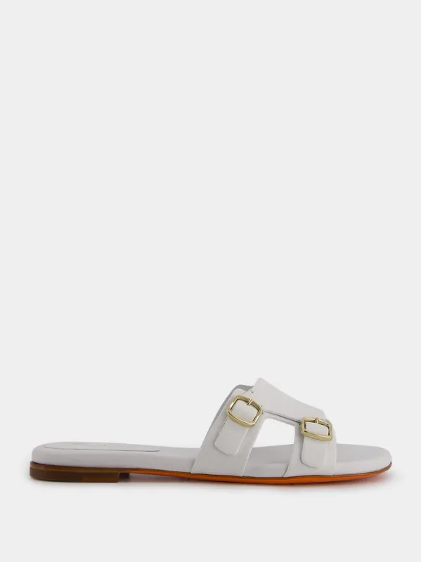Double-Buckle White Leather Slides made by Santoni
