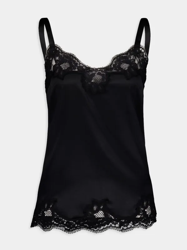 Black Lace-Trim Silk Top sold by Fashion Clinic