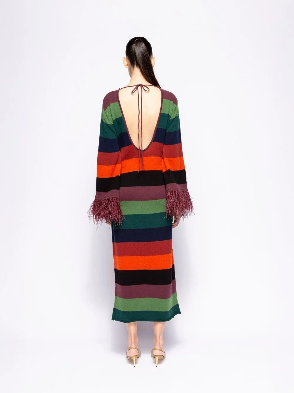 Curie Multicoloured Stripes Knitted Cut-Out Back Dress with Feathers sold by Fashion Clinic product image thumbnail 3