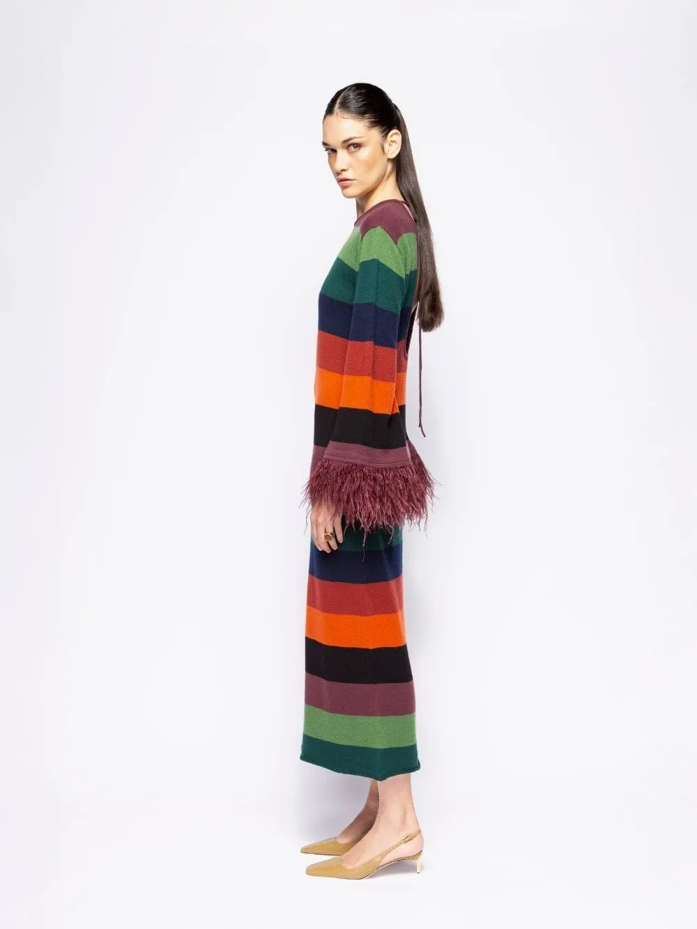 Curie Multicoloured Stripes Knitted Cut-Out Back Dress with Feathers sold by Fashion Clinic product image thumbnail 5