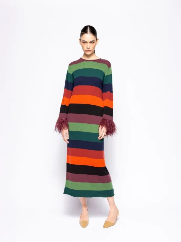 Curie Multicoloured Stripes Knitted Cut-Out Back Dress with Feathers sold by Fashion Clinic