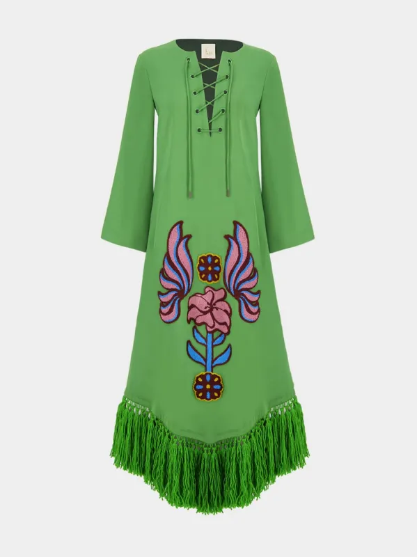 Onyx Treetop Chenille Embroidered Dress with Fringes sold by Fashion Clinic