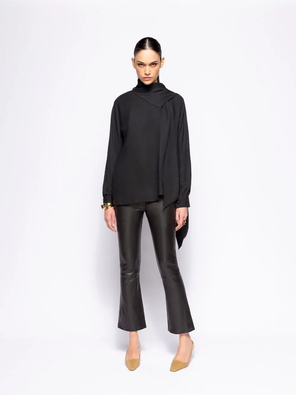 Narcissus Black Wrap Top with Collar Tie sold by Fashion Clinic