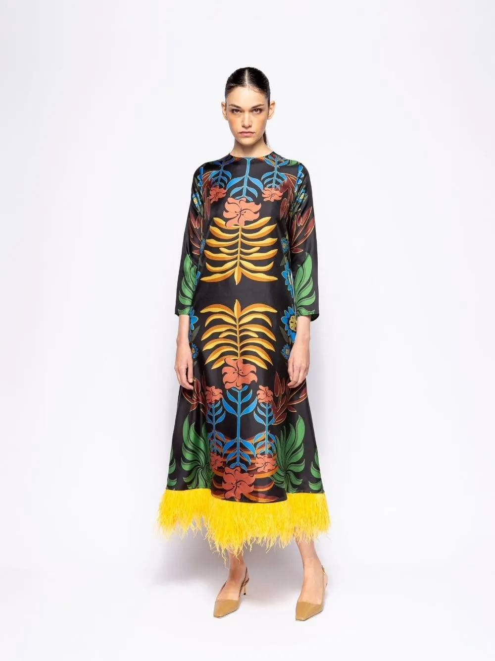 Grayf Visual Garden Print Printed Dress with Feathers sold by Fashion Clinic