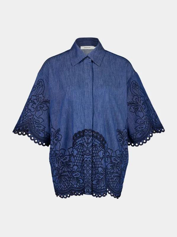 Railway Blue Coco Embroidered Denim Shirt sold by Fashion Clinic