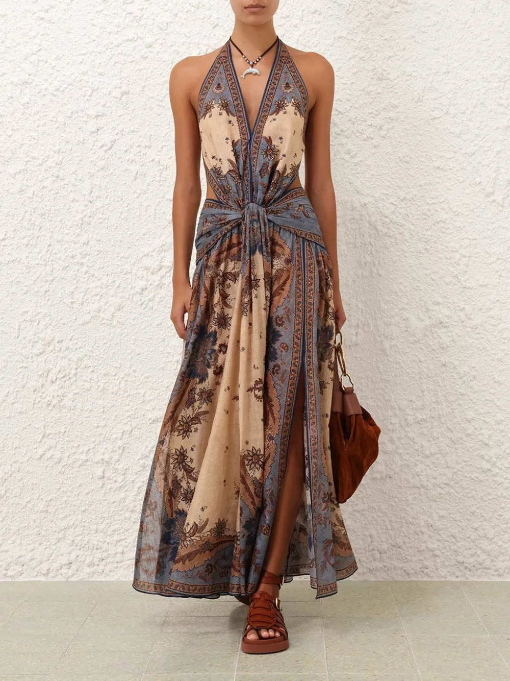 Blue Cream Indienne Floral Ascension Plunge Halter Maxi sold by Fashion Clinic product image thumbnail 3