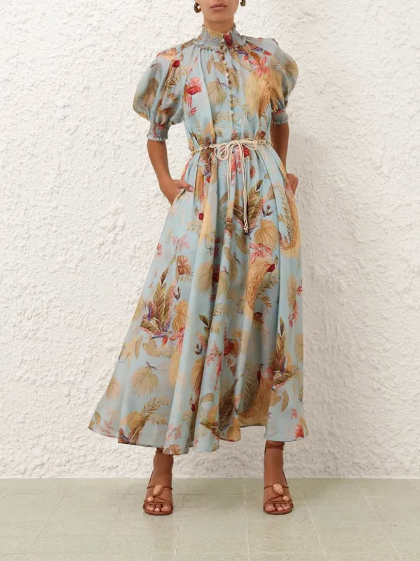 Aqua Palm Floral Billow Maxi Dress sold by Fashion Clinic