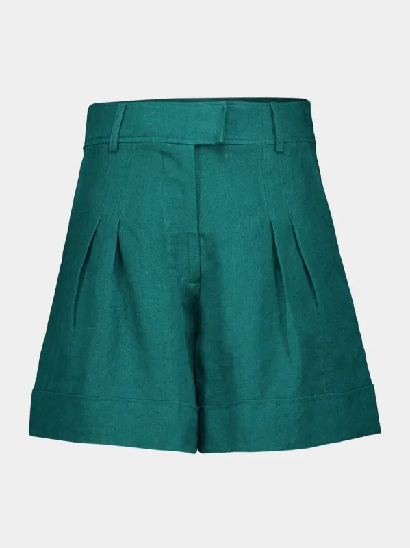 Virgo Botanical Green Linen Wide-Leg Shorts sold by Fashion Clinic