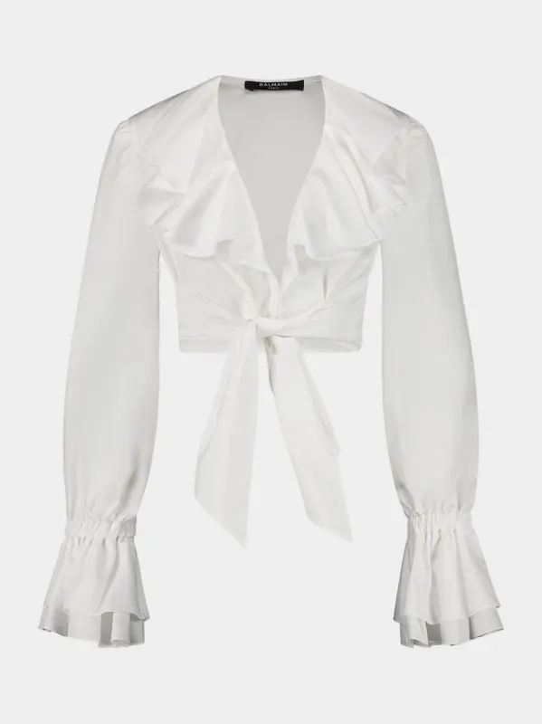 White Cropped Ruffled Poplin Shirt sold by Fashion Clinic