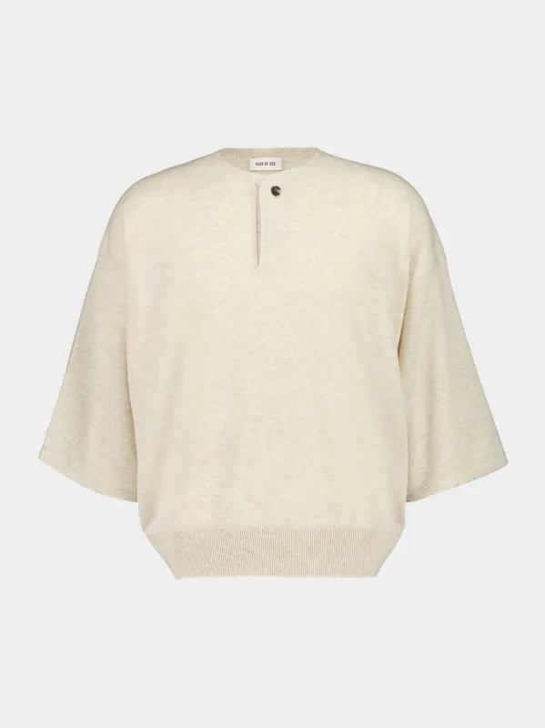 Heather Beige Fine Merino Knit Henley T-Shirt sold by Fashion Clinic