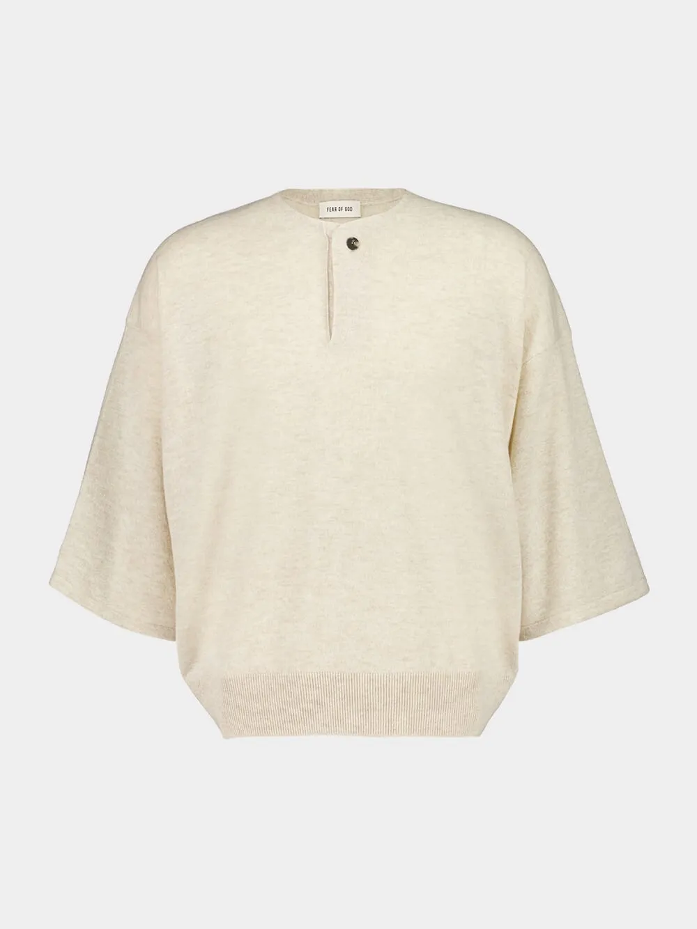 Heather Beige Fine Merino Knit Henley T-Shirt sold by Fashion Clinic