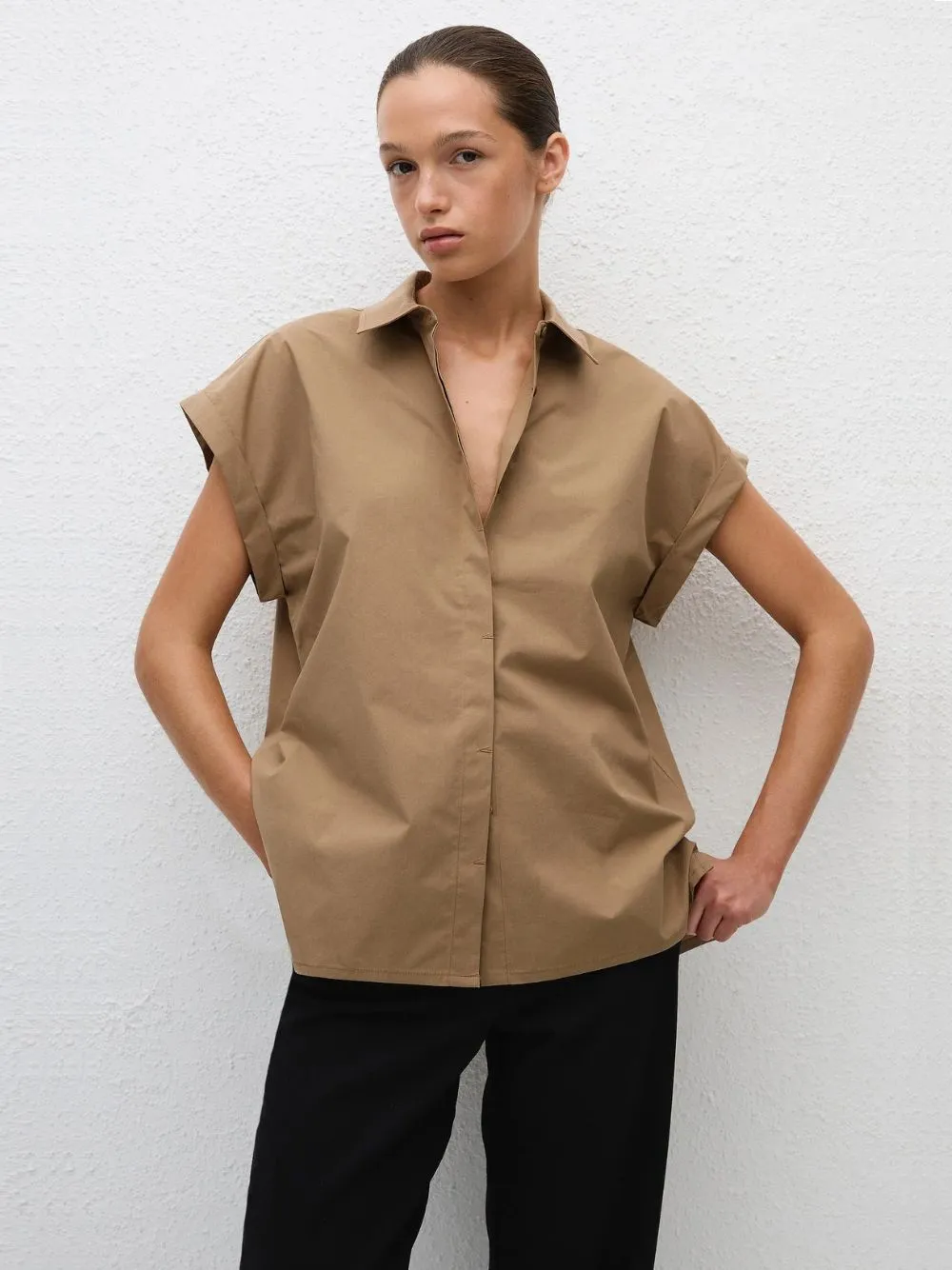 Stone Beige Relaxed Sleeveless Shirt sold by Fashion Clinic