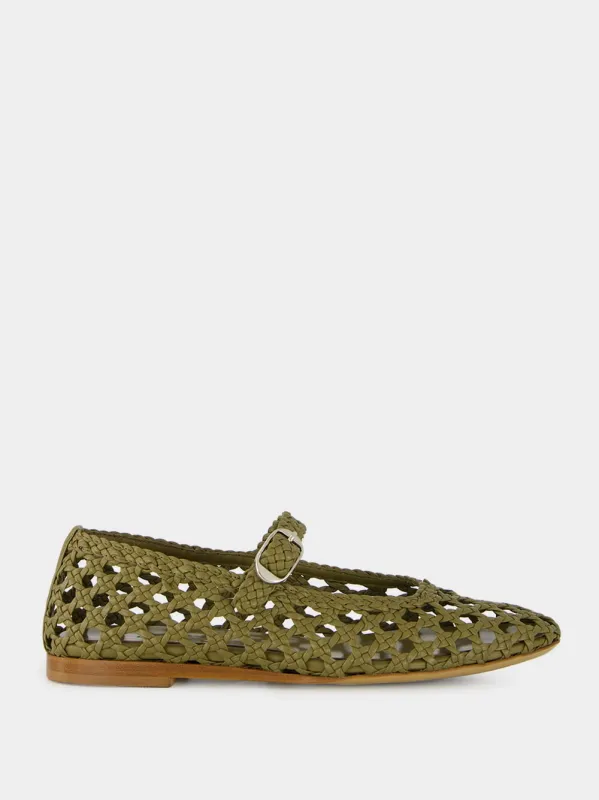 Khaki Woven Leather Mary Jane Flats sold by Fashion Clinic