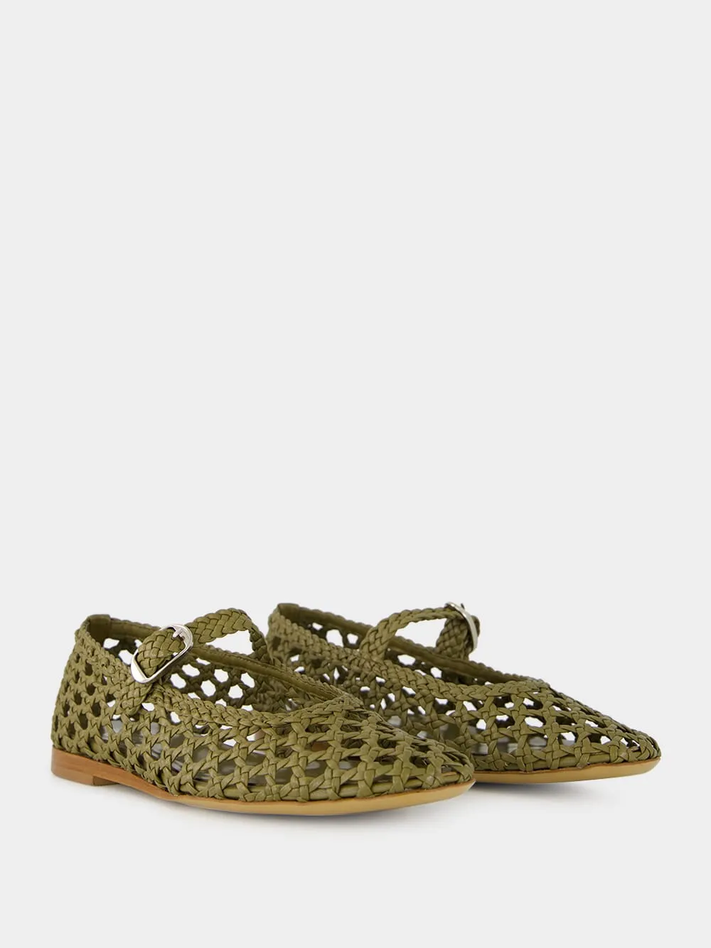 Khaki Woven Leather Mary Jane Flats sold by Fashion Clinic product image thumbnail 3