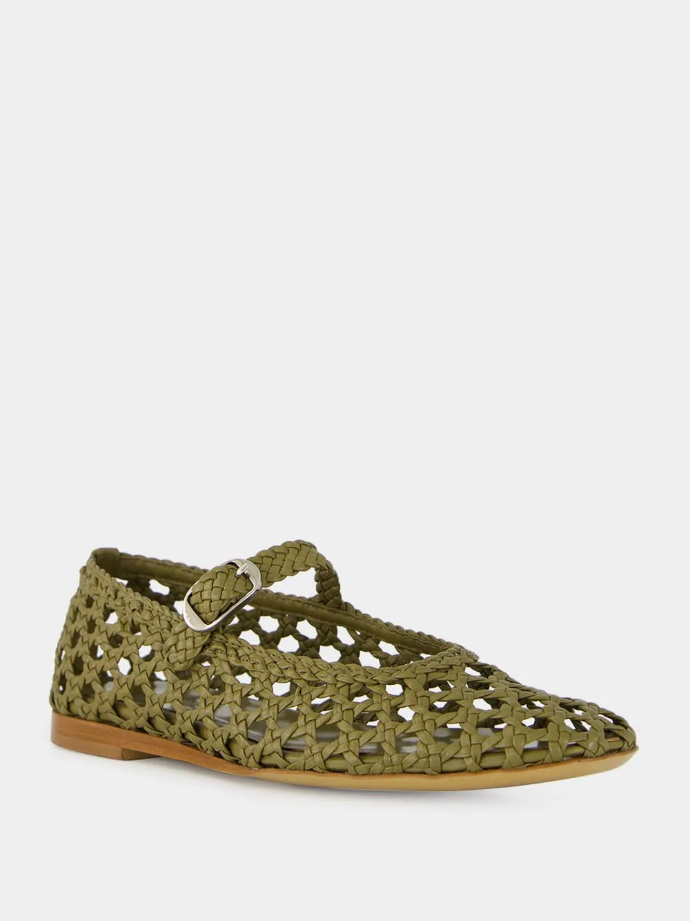 Khaki Woven Leather Mary Jane Flats sold by Fashion Clinic product image thumbnail 2