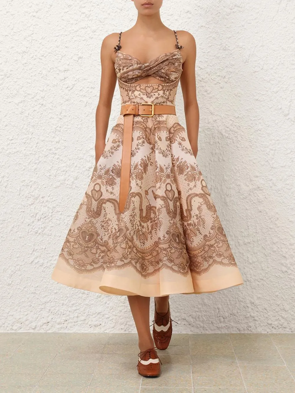 Crush Twist Front Peach Lace Print Midi Dress sold by Fashion Clinic product image thumbnail 3