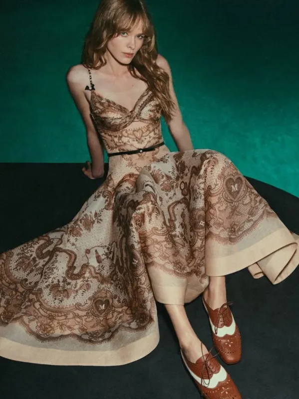 Crush Twist Front Peach Lace Print Midi Dress sold by Fashion Clinic