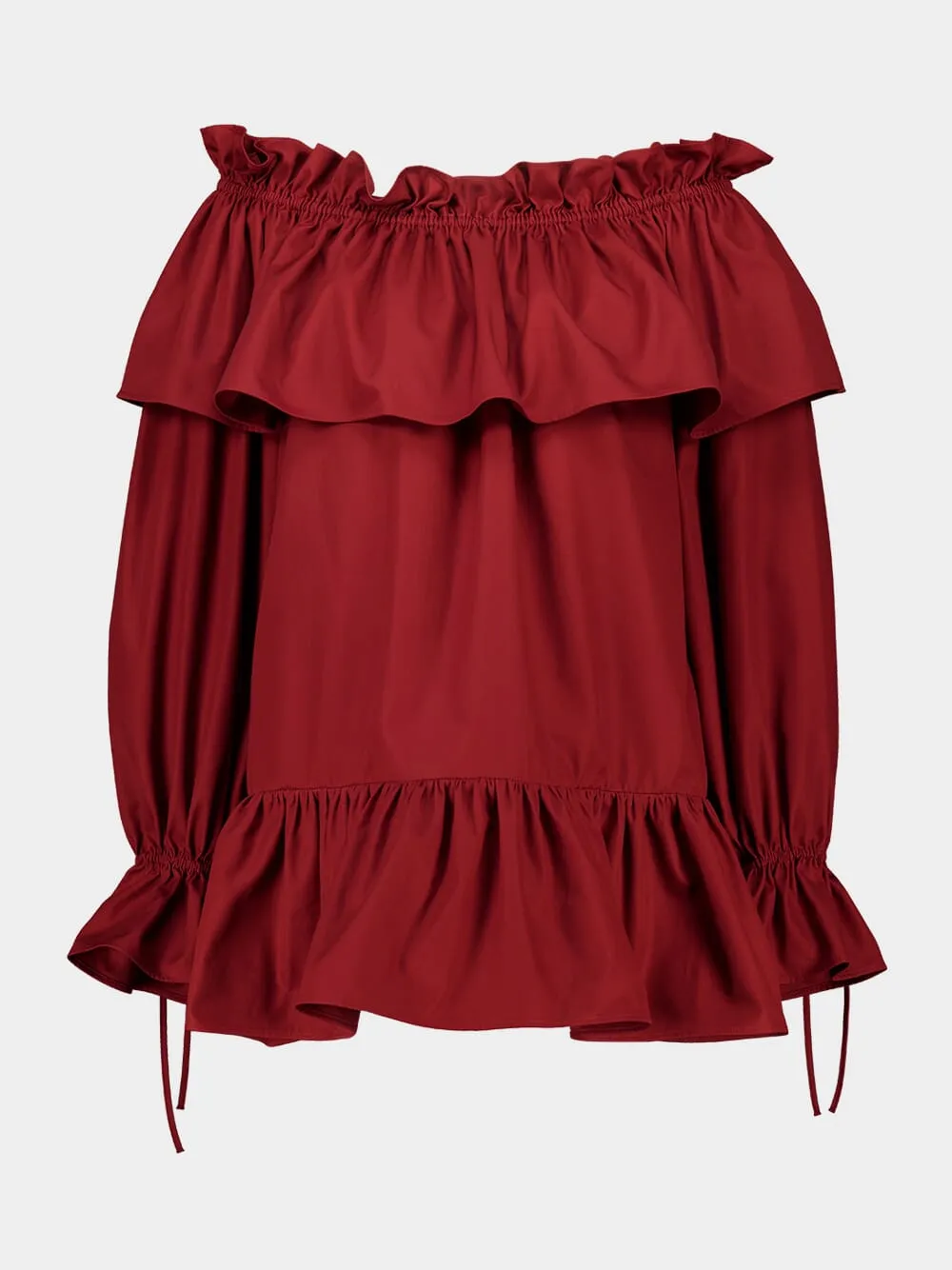 Bordeaux Off-the-Shoulder Ruffled Cotton Twill Dress sold by Fashion Clinic