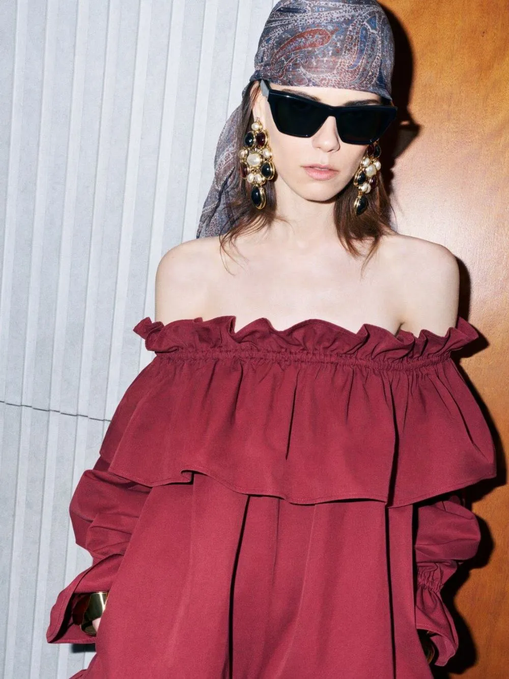 Bordeaux Off-the-Shoulder Ruffled Cotton Twill Dress sold by Fashion Clinic product image thumbnail 2